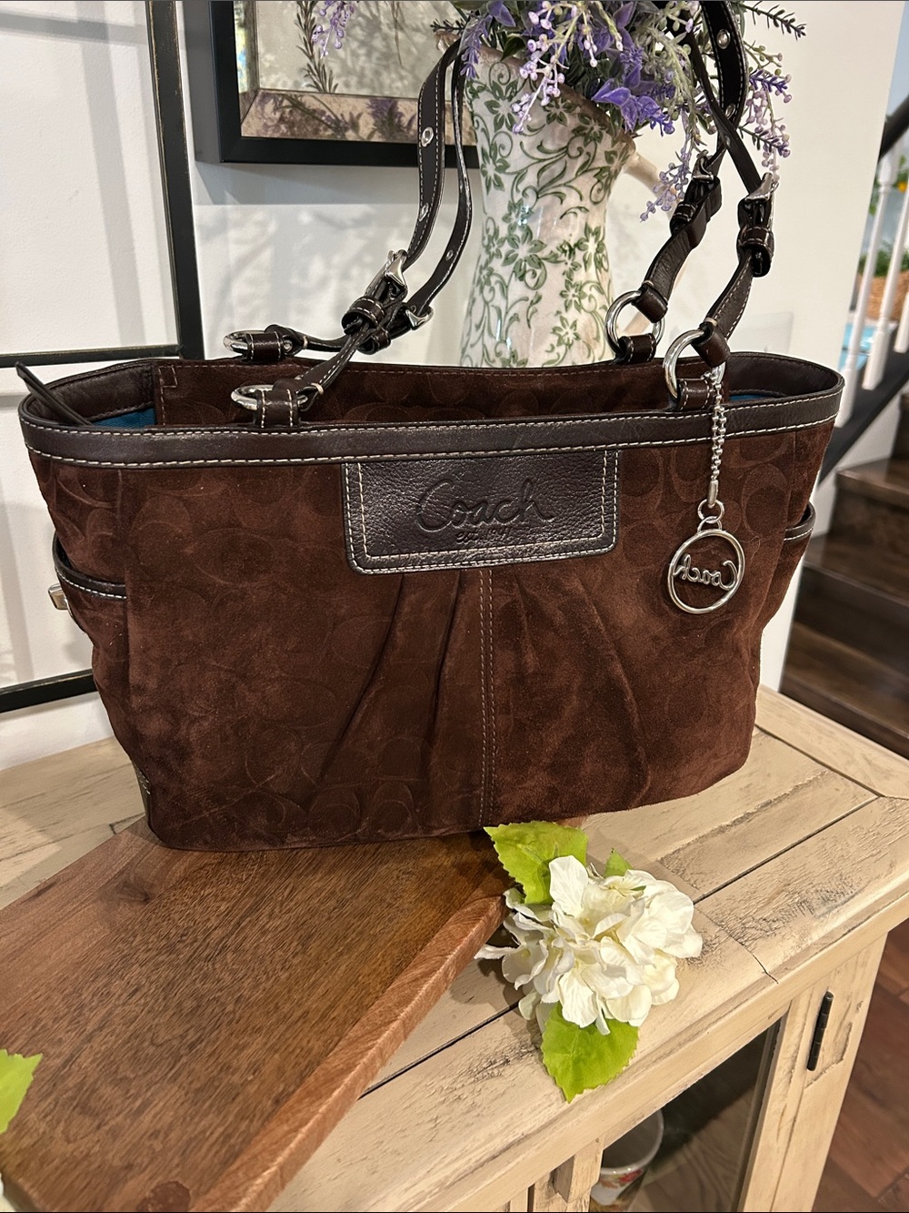 Coach Chocolate Brown Suede Shoulder Bag with Leather Trim